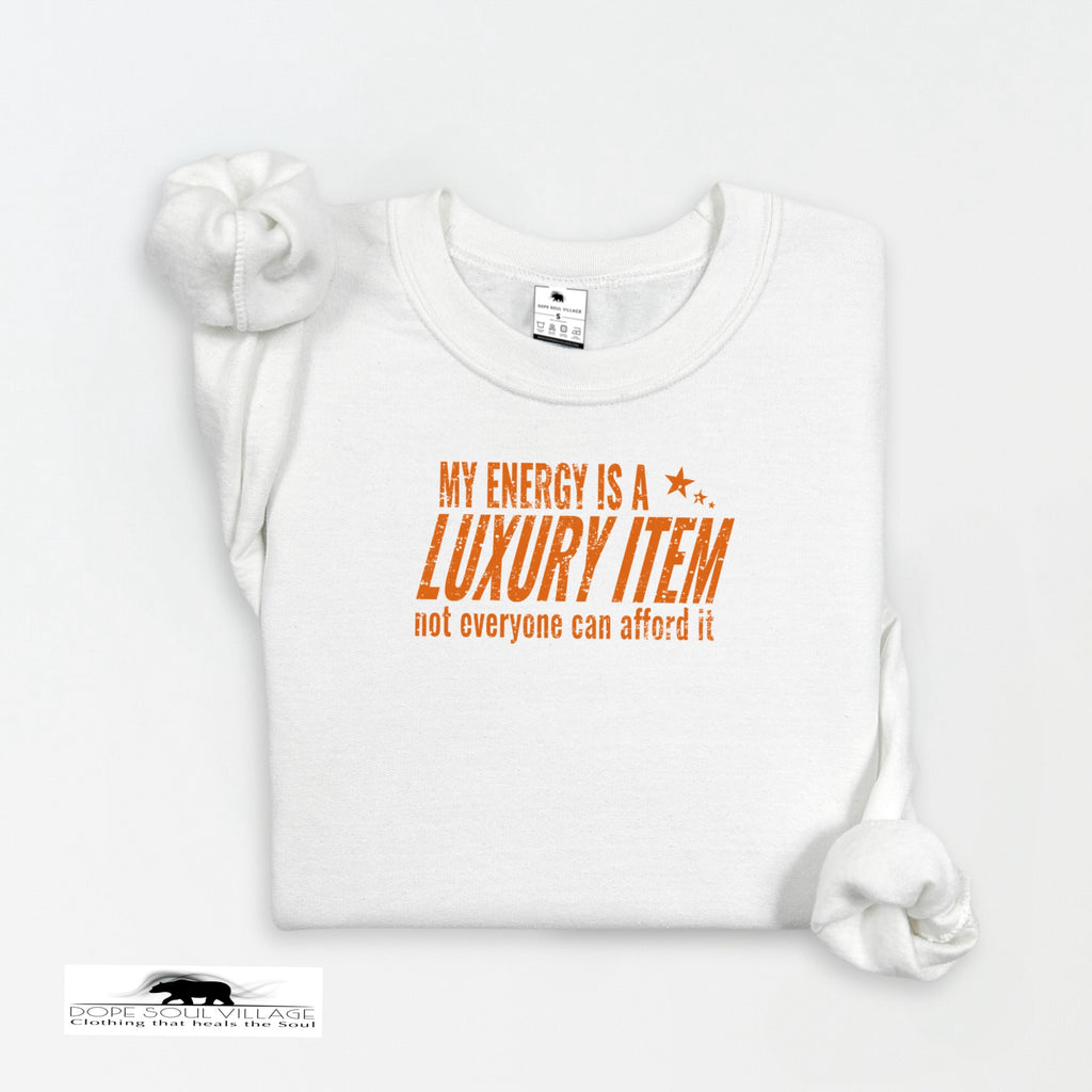 White t-shirt with orange text on a white background