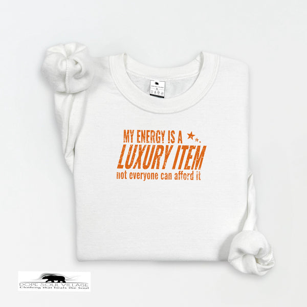 White t-shirt with orange text on a white background