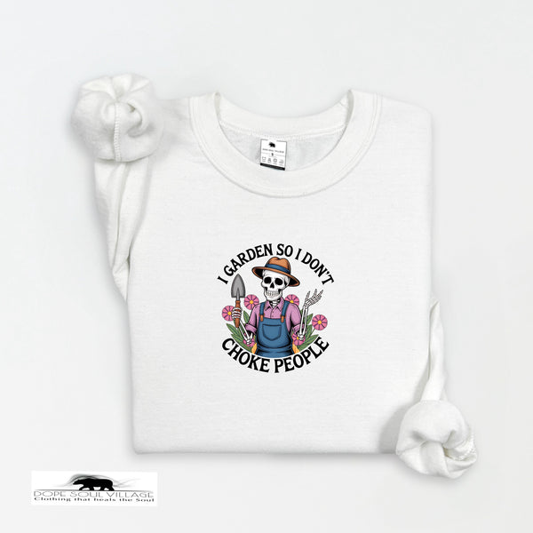 White t-shirt with a graphic design featuring a skeleton gardener and text on a white background.