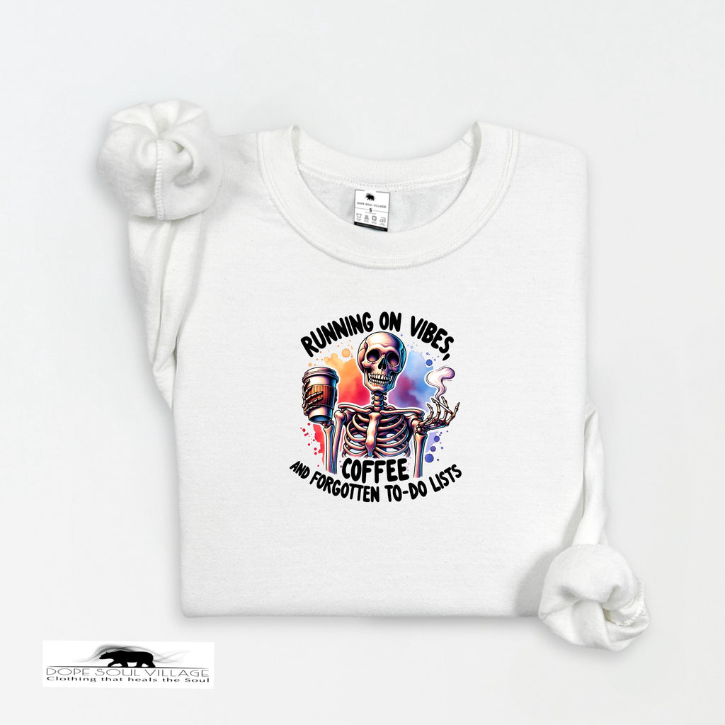 White t-shirt with skeleton design and text on a white background