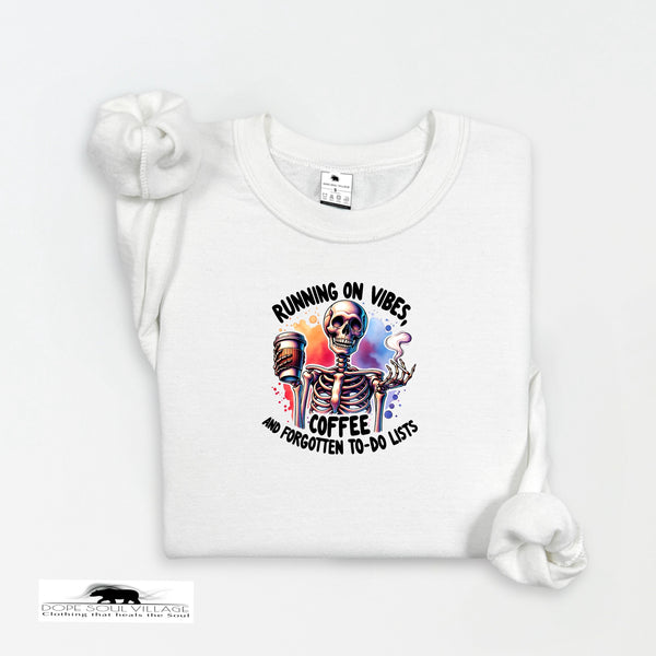 White t-shirt with skeleton design and text on a white background