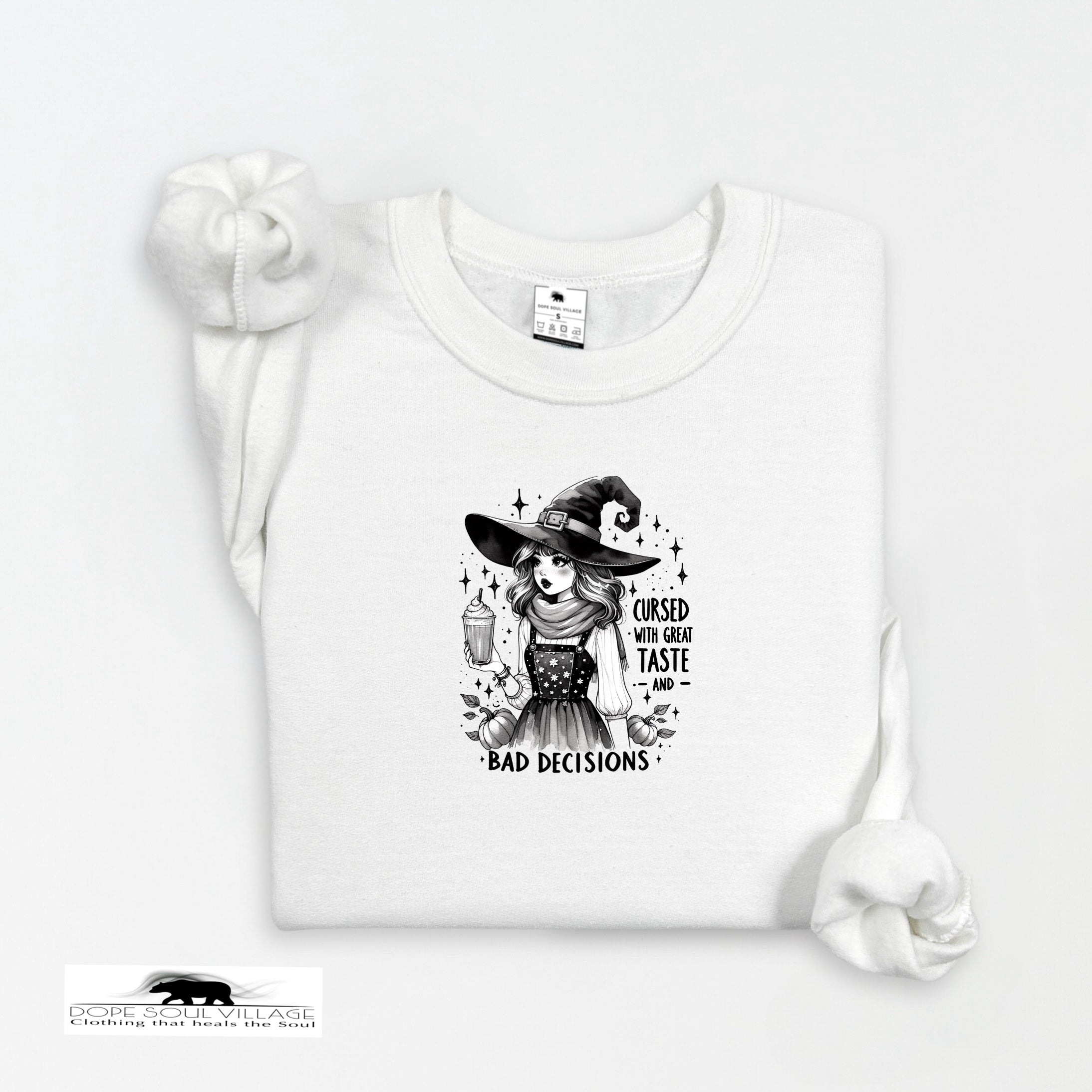 White t-shirt with a witch graphic and text on a white background