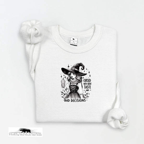 White t-shirt with a witch graphic and text on a white background