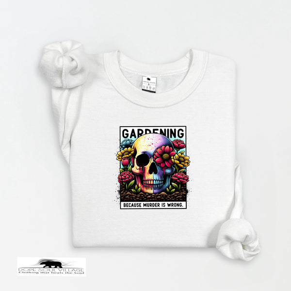White t-shirt with a colorful skull design and text on a white background