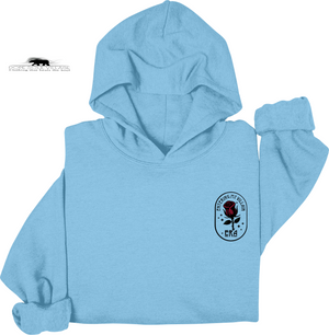 Light blue hoodie with a rose logo on a white background