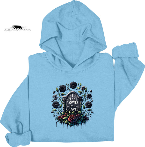 Light blue hoodie with floral design and text on a white background