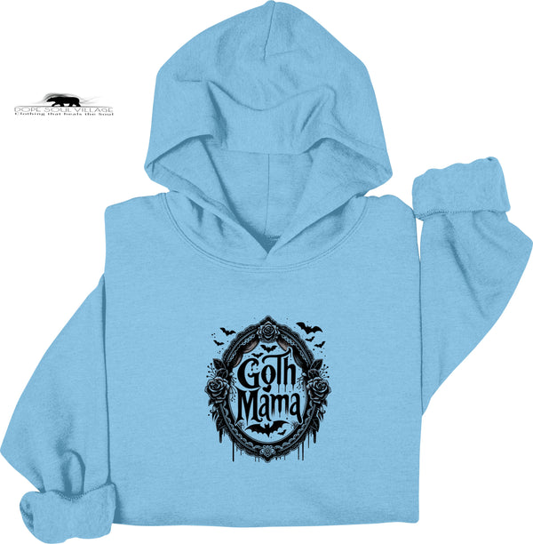Light blue hoodie with 'Goth Mama' graphic design on a white background