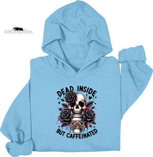Light blue hoodie with skull and roses design and text on a white background