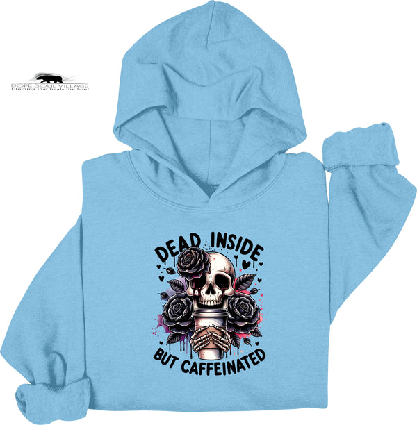 Light blue hoodie with skull and roses design and text on a white background