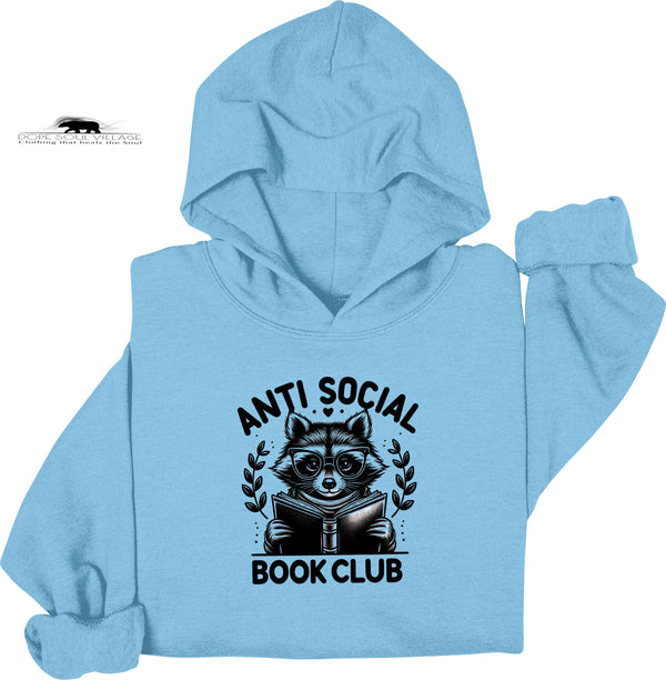 Light blue hoodie with raccoon graphic and 'Anti Social Book Club' text on a white background