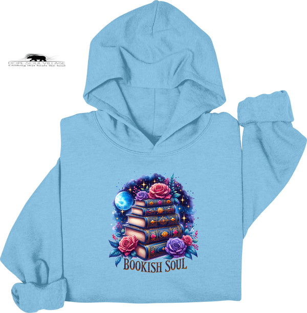 Light blue hoodie with a colorful 'Bookish Soul' design on a white background