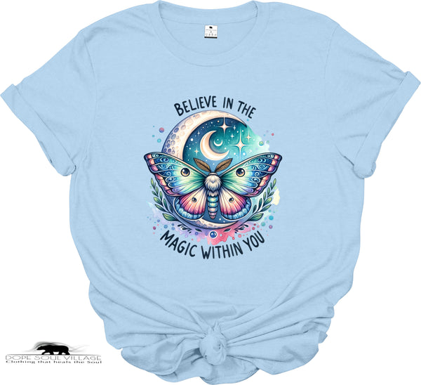 Light blue t-shirt with a colorful butterfly graphic and text on a white background