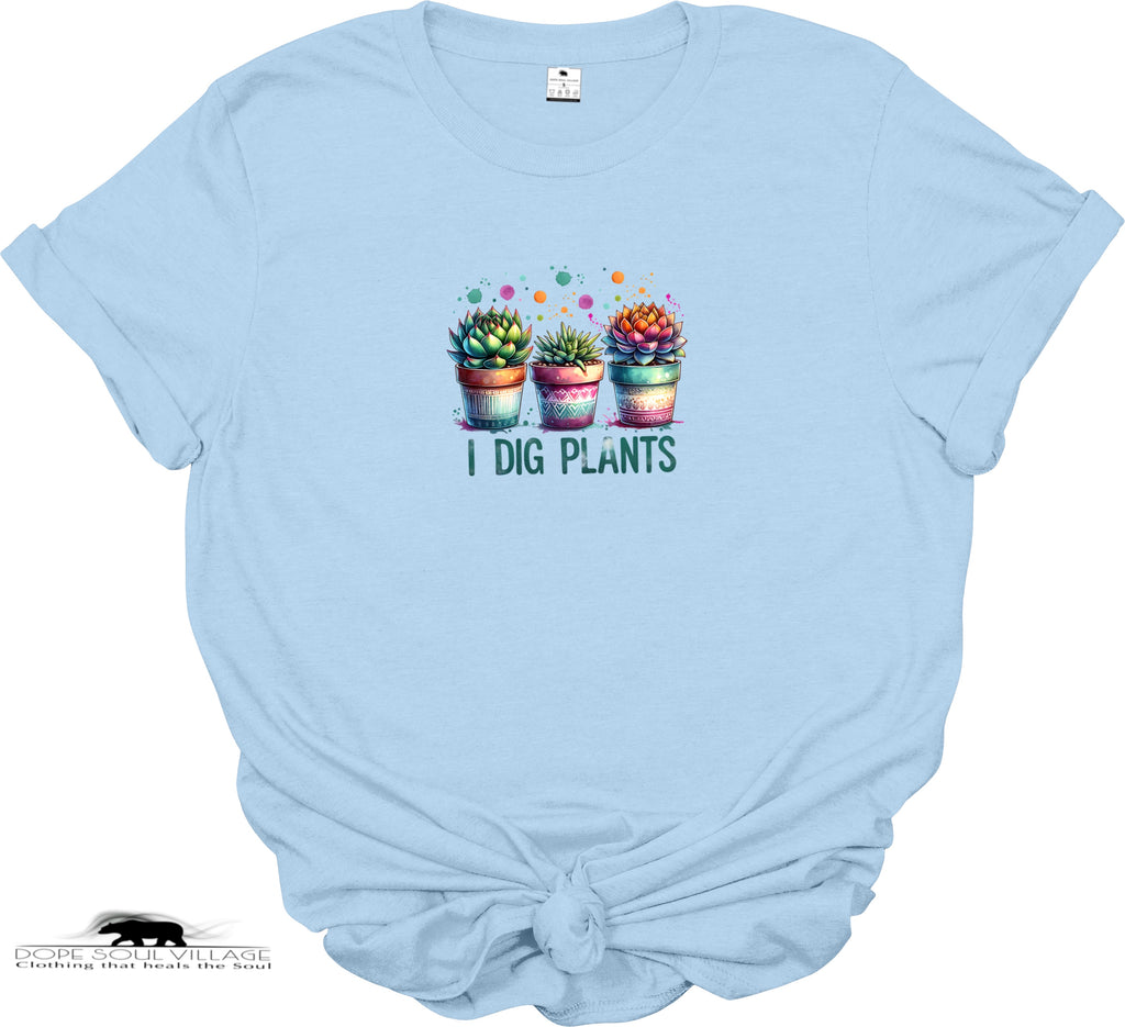 Light blue t-shirt with cactus design and 'I Dig Plants' text on a white background