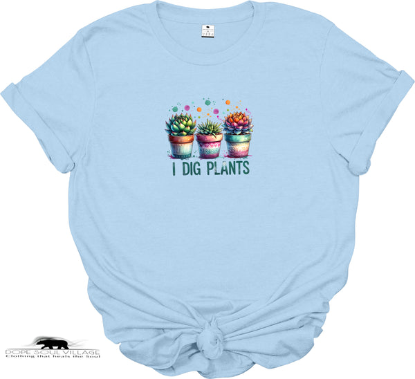 Light blue t-shirt with cactus design and 'I Dig Plants' text on a white background
