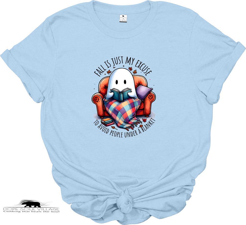 Light blue t-shirt with a ghost reading a book graphic and text on a white background