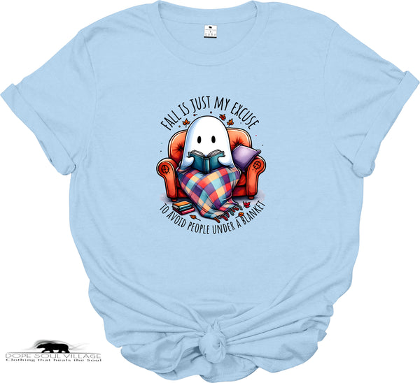Light blue t-shirt with a ghost reading a book graphic and text on a white background