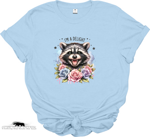 Light blue t-shirt with a raccoon graphic and floral design on a white background