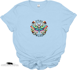 Light blue t-shirt with a colorful butterfly graphic and 'Stay Weird' text on a white background.