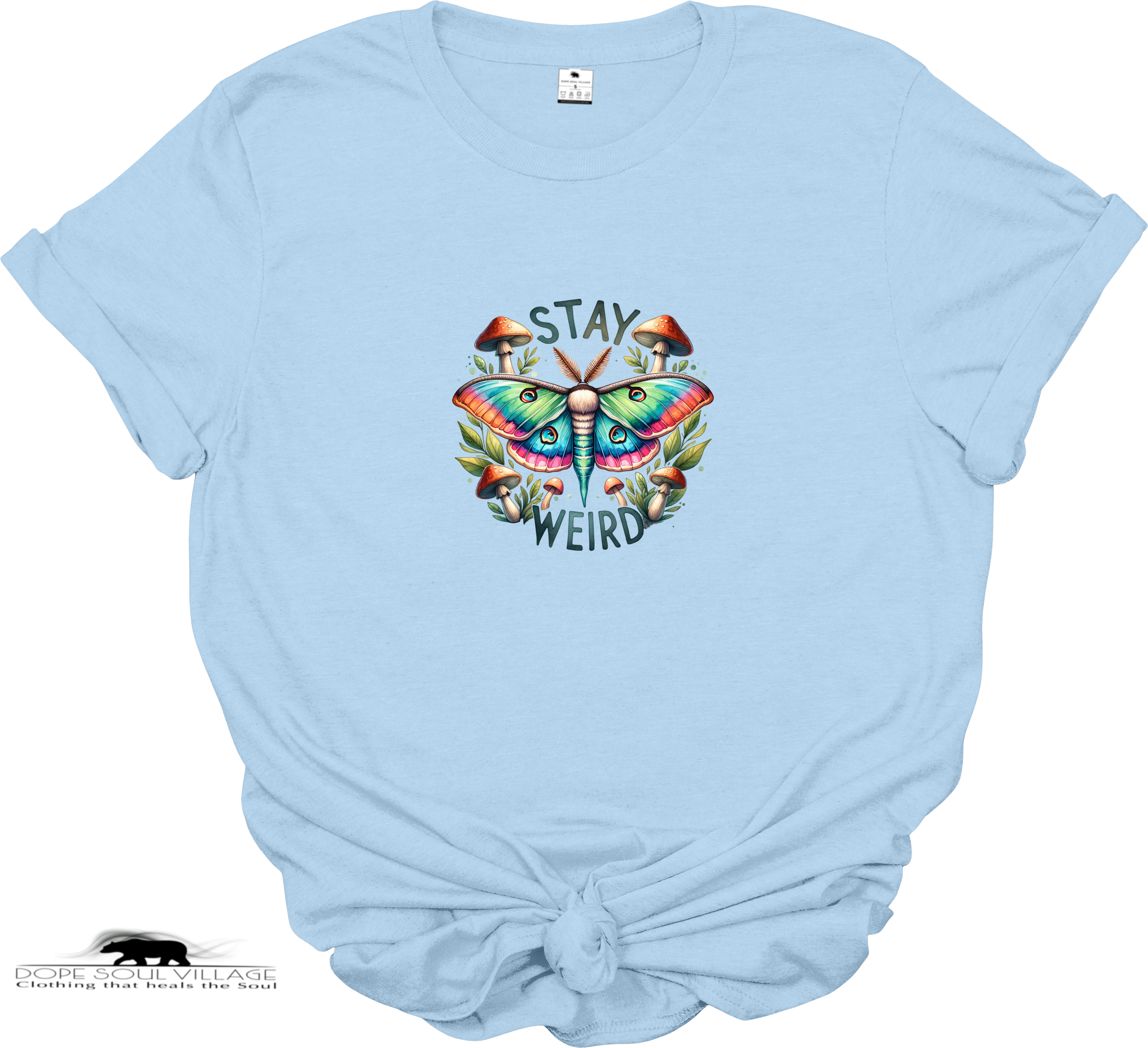Light blue t-shirt with a colorful butterfly graphic and 'Stay Weird' text on a white background.