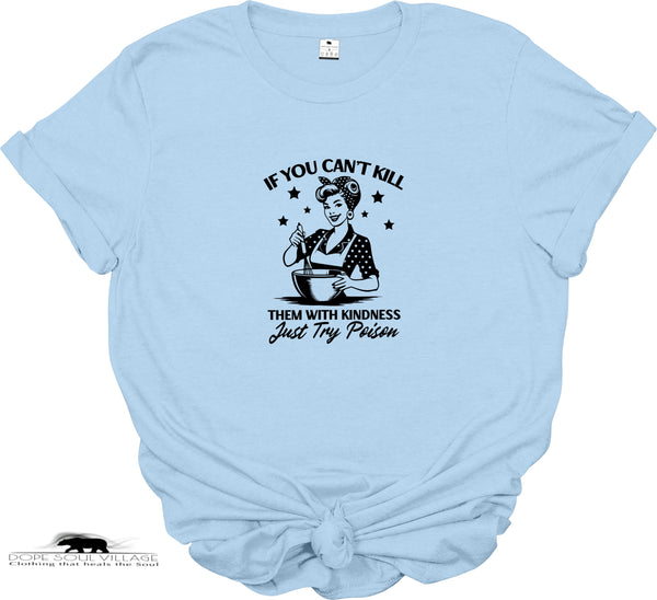 Light blue t-shirt with black graphic and text on a white background