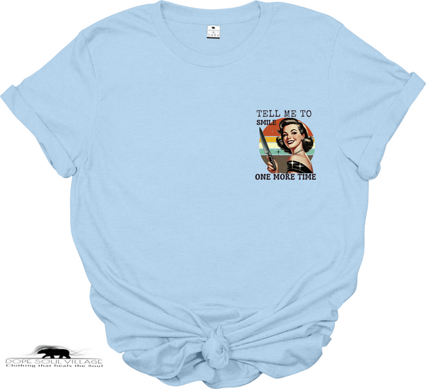 Light blue t-shirt with vintage-style graphic and text on a white background