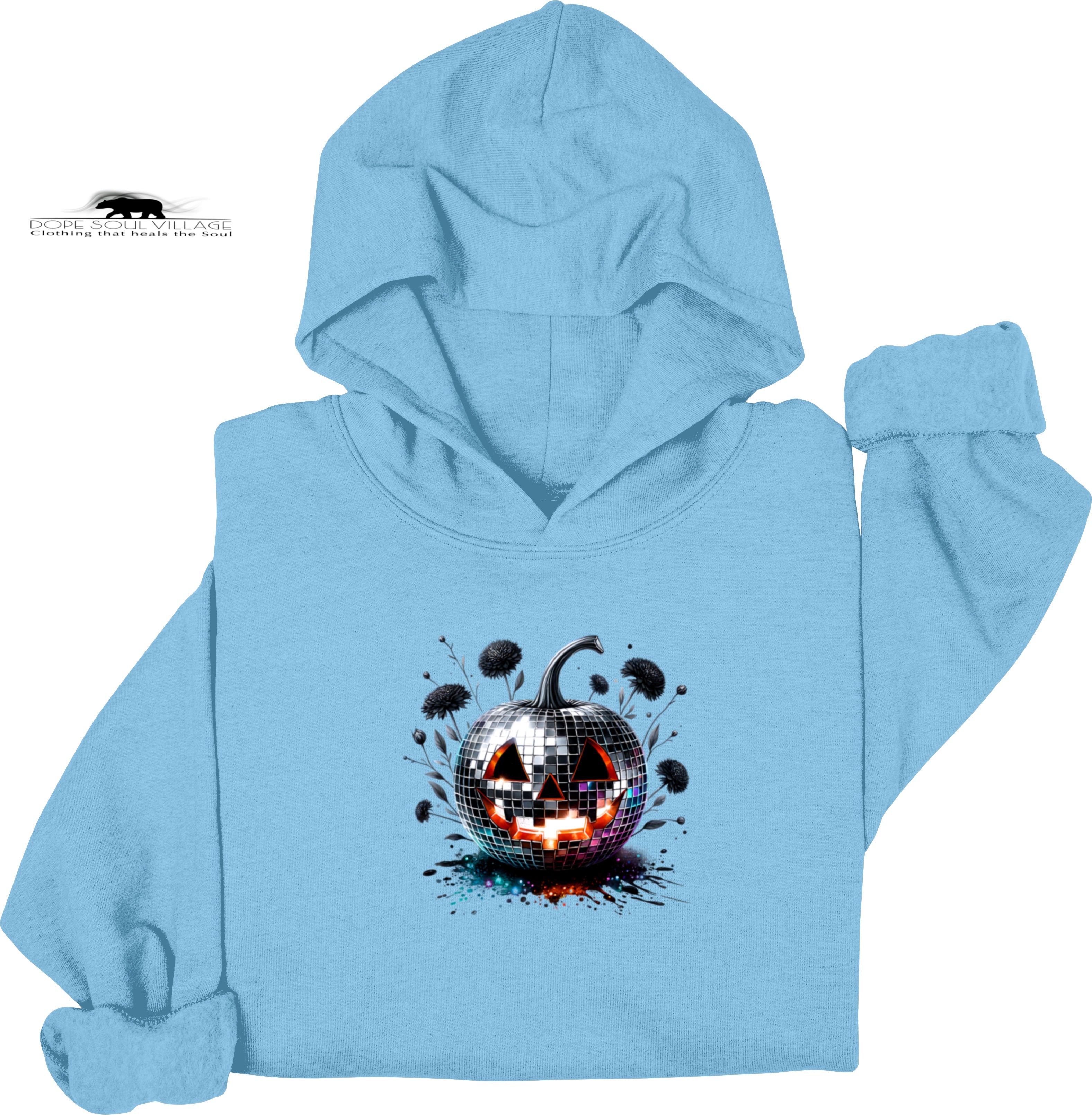 Light blue hoodie with a disco ball pumpkin design on a white background dope soul village