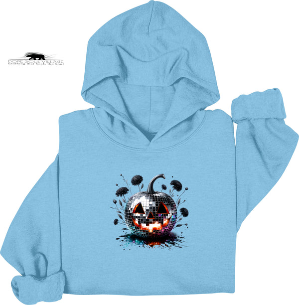 Light blue hoodie with a disco ball pumpkin design on a white background dope soul village