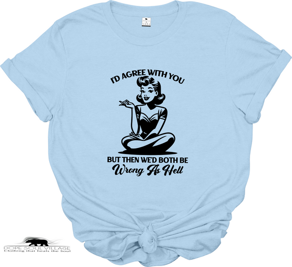 Light blue t-shirt with a graphic and text on a white background
