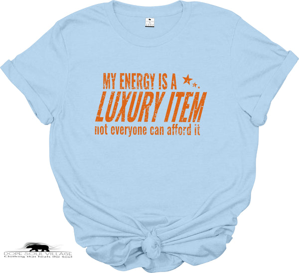 Light blue t-shirt with orange text on a white background