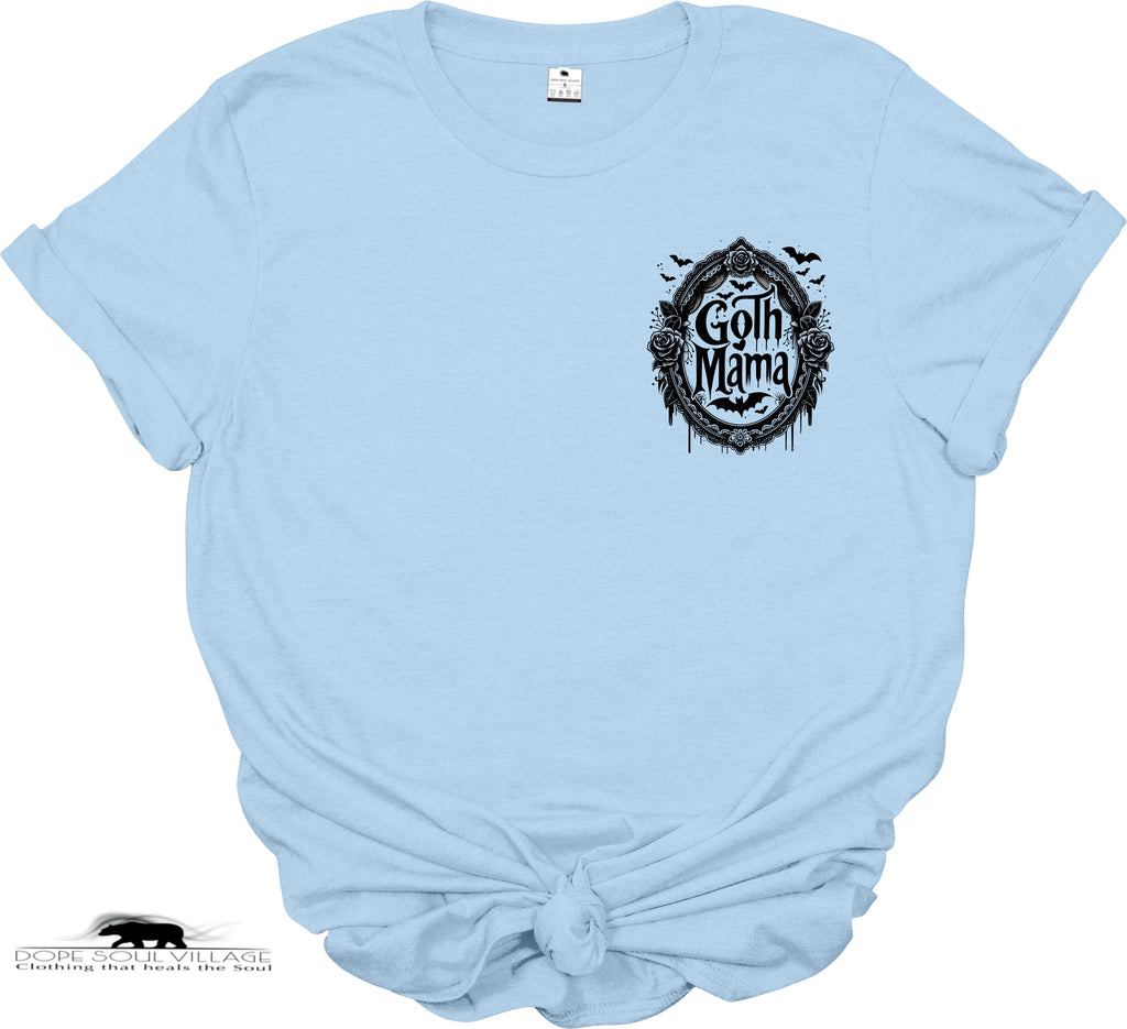 Light blue t-shirt with 'Goth Mama' graphic design on a white background