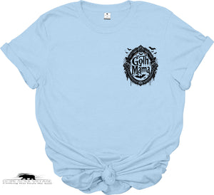 Light blue t-shirt with 'Goth Mama' graphic design on a white background