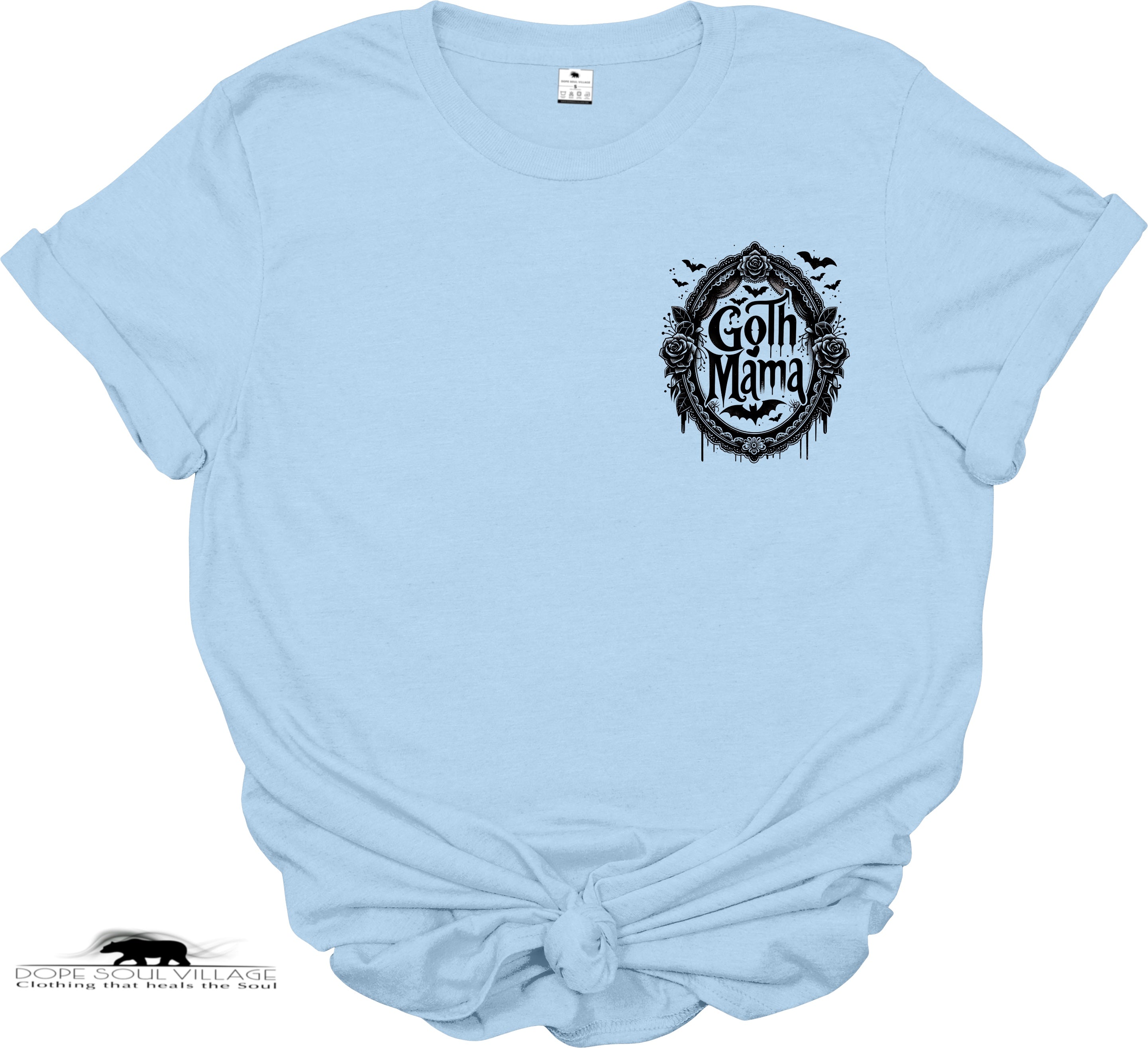 Light blue t-shirt with 'Goth Mama' graphic design on a white background