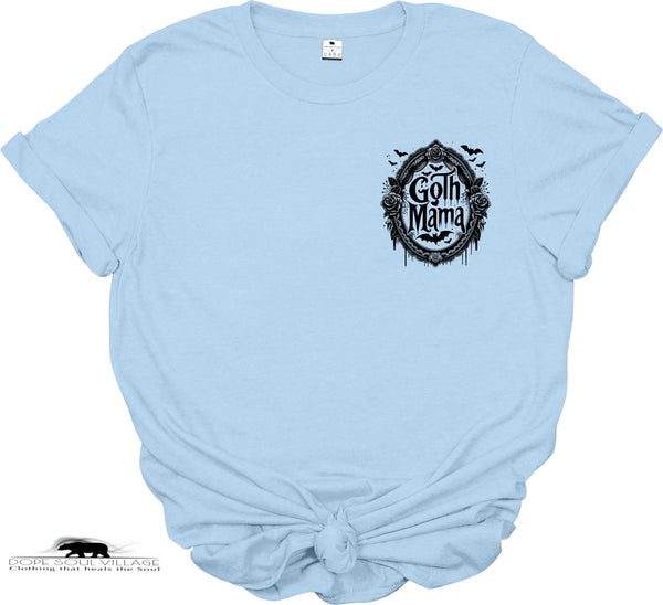Light blue t-shirt with 'Goth Mama' graphic design on a white background