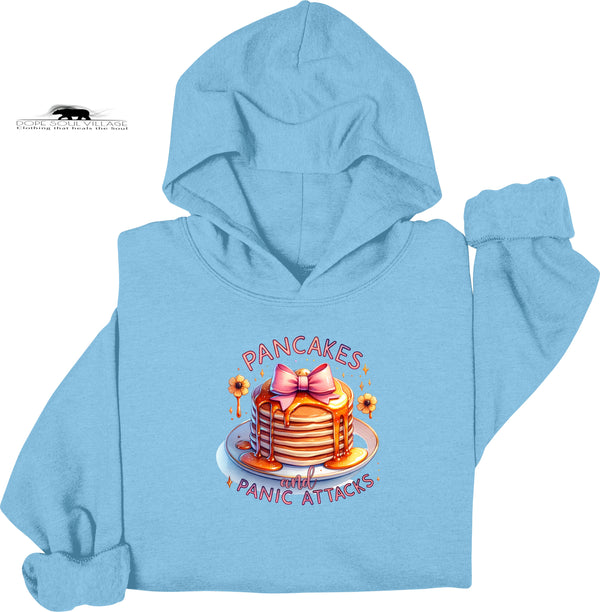 Light blue hoodie with a graphic of pancakes and text on a white background