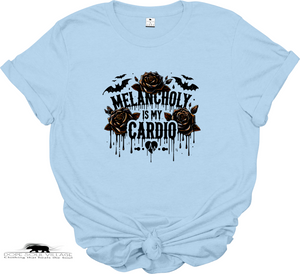 Light blue t-shirt with black graphic design and text on a white background