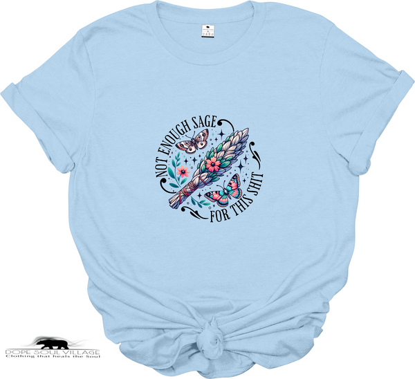 Light blue t-shirt with a graphic design and text on a white background