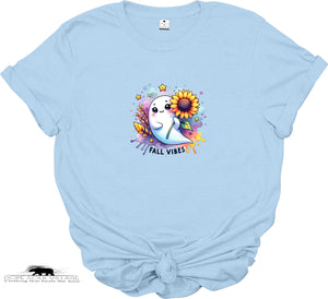 Light blue t-shirt with a cute ghost design and 'Fall Vibes' text on a white background