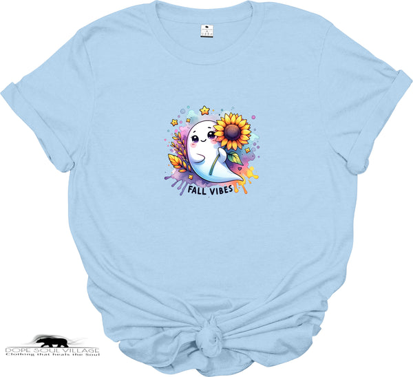 Light blue t-shirt with a cute ghost design and 'Fall Vibes' text on a white background