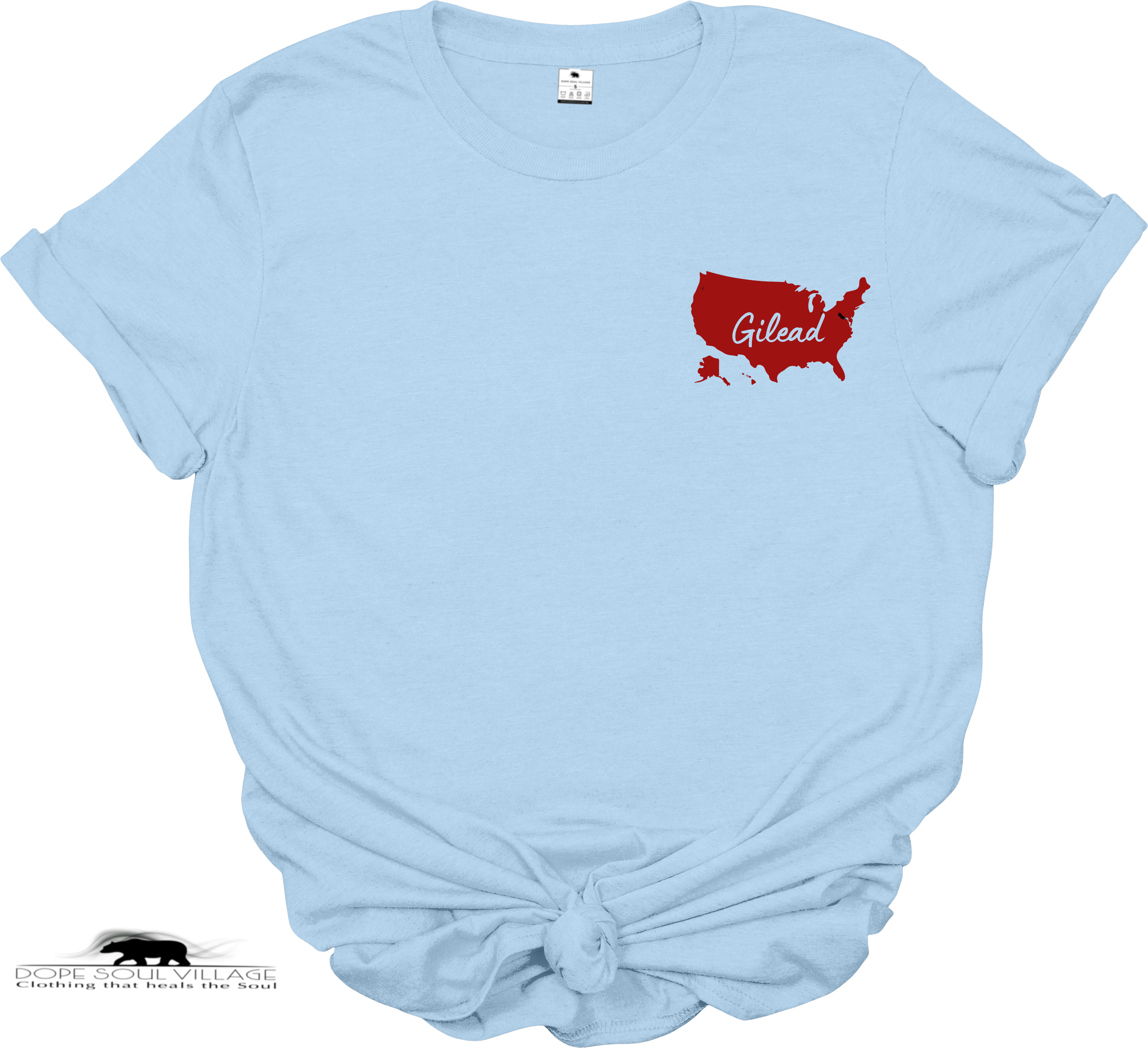 Light blue t-shirt with a red map of the United States and 'Gilead text on a white background.