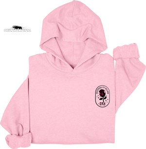 Pink hoodie with a rose emblem on a white background