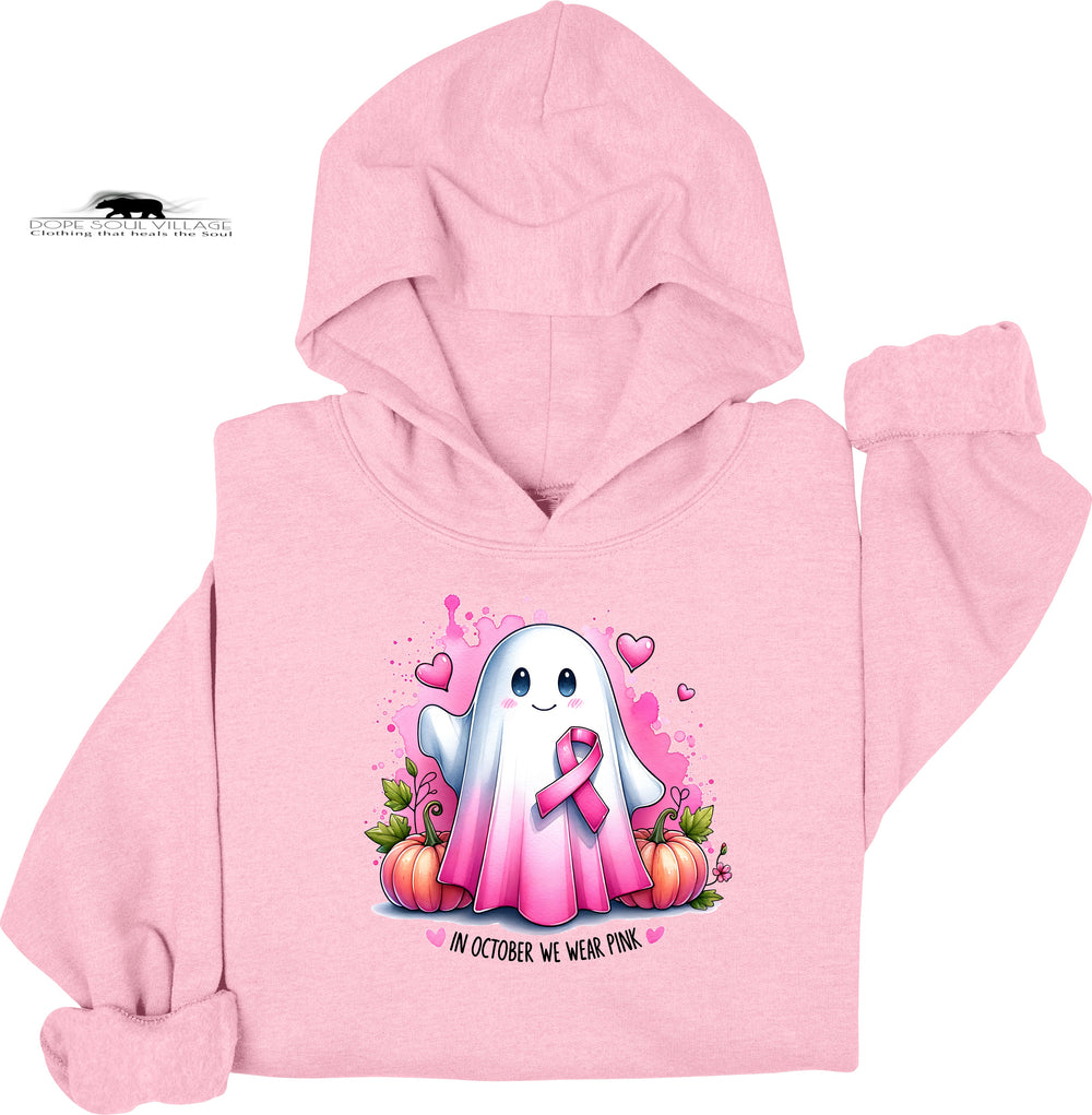Pink hoodie with a ghost character wearing a pink ribbon and pumpkins on a white background