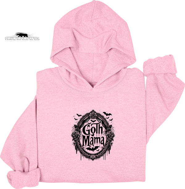 Pink hoodie with 'Goth Mama' design on a white background