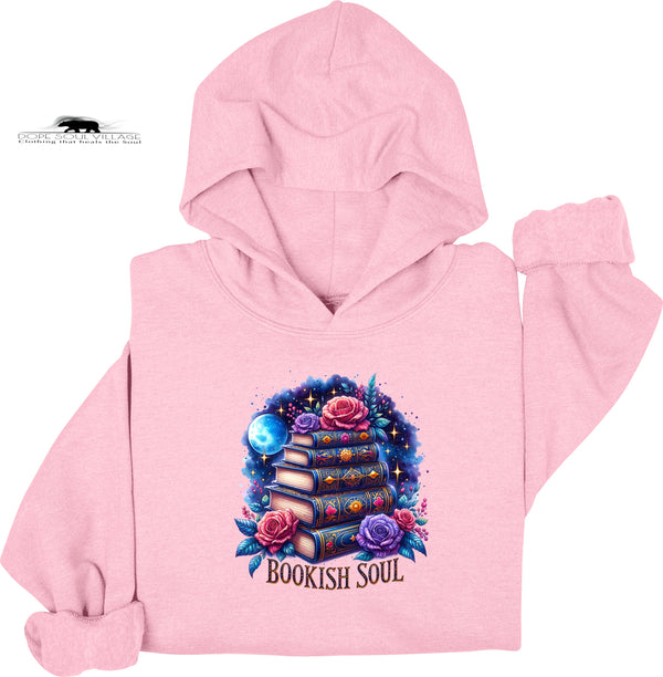 Pink hoodie with a colorful book and floral design on a white background