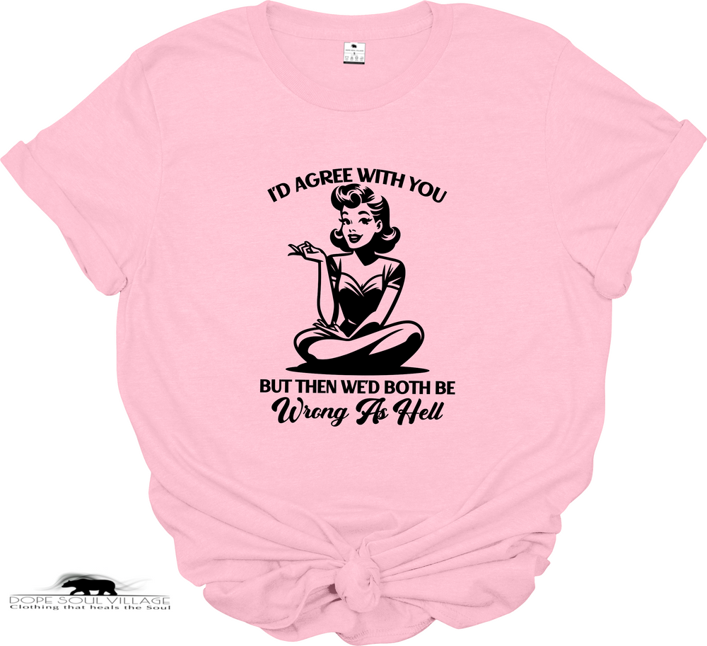 Pink t-shirt with a graphic and text on a white background