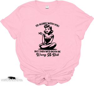 Pink t-shirt with a graphic and text on a white background