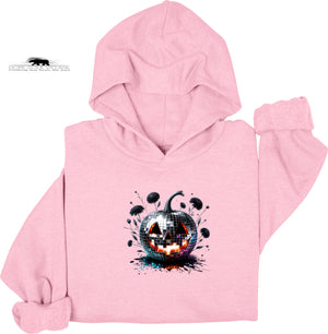 Pink hoodie with a Halloween-themed design on a white background