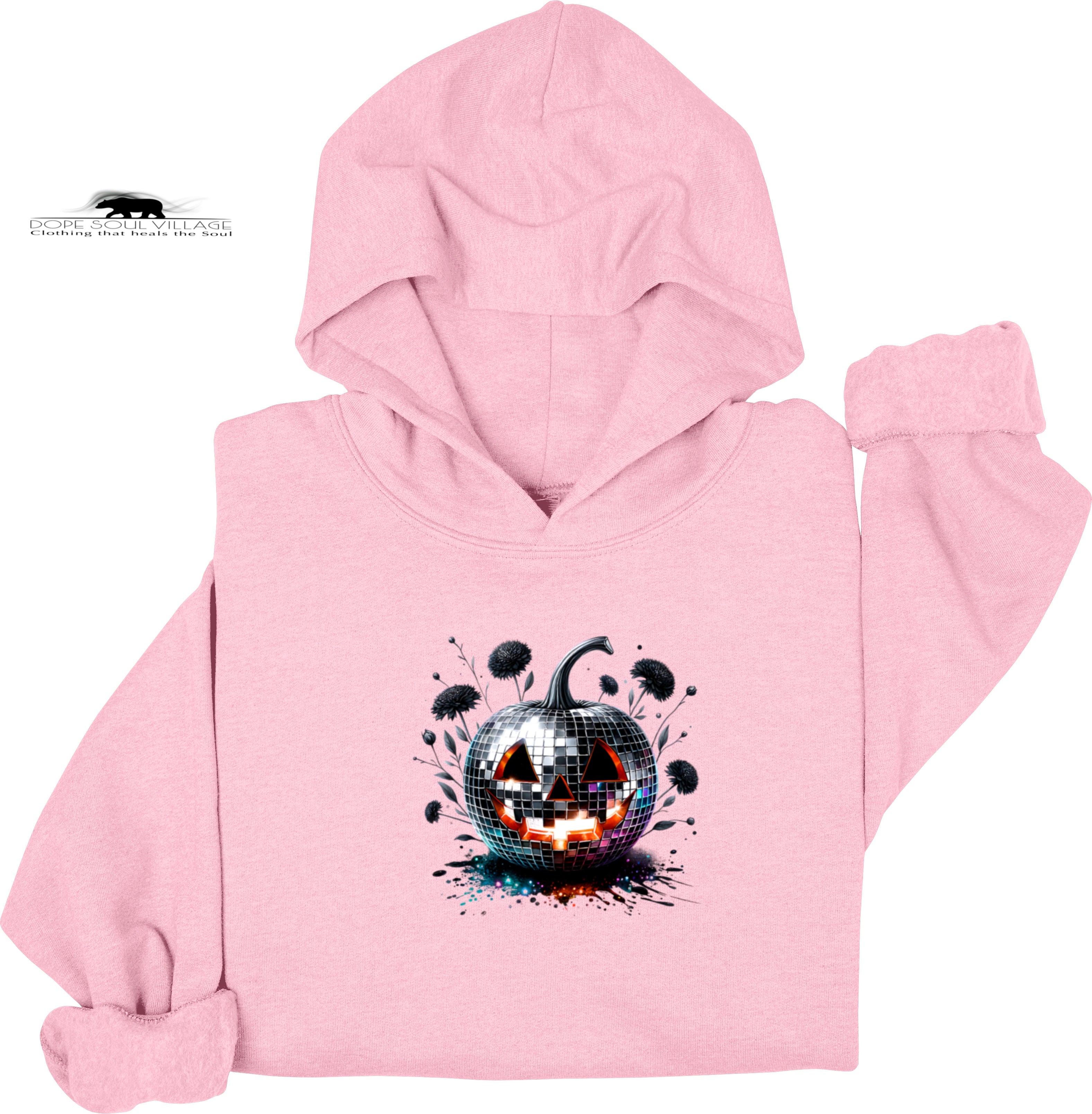 Pink hoodie with a Halloween-themed design on a white background