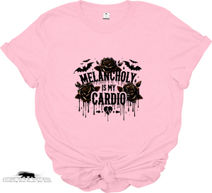 Pink t-shirt with black graphic design and text on a white background