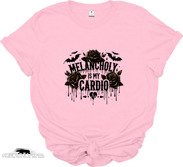 Pink t-shirt with black graphic design and text on a white background