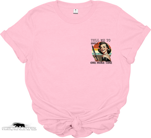 Pink t-shirt with vintage-style graphic and text on a white background